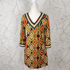 OB2-12 Psychedelic Diamonds Print Stretch Crochet V-Neck Dress